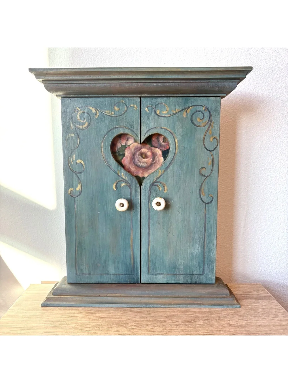 Hand Painted Folk Art Wooden Wall Cabinet Heart Doors Floral Cottage 13” Tall